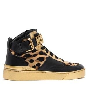 MOSCHINO Genuine Calf Hair Leather Basket Sneaker Shoe, Size 6 (36EU) Black, NWT